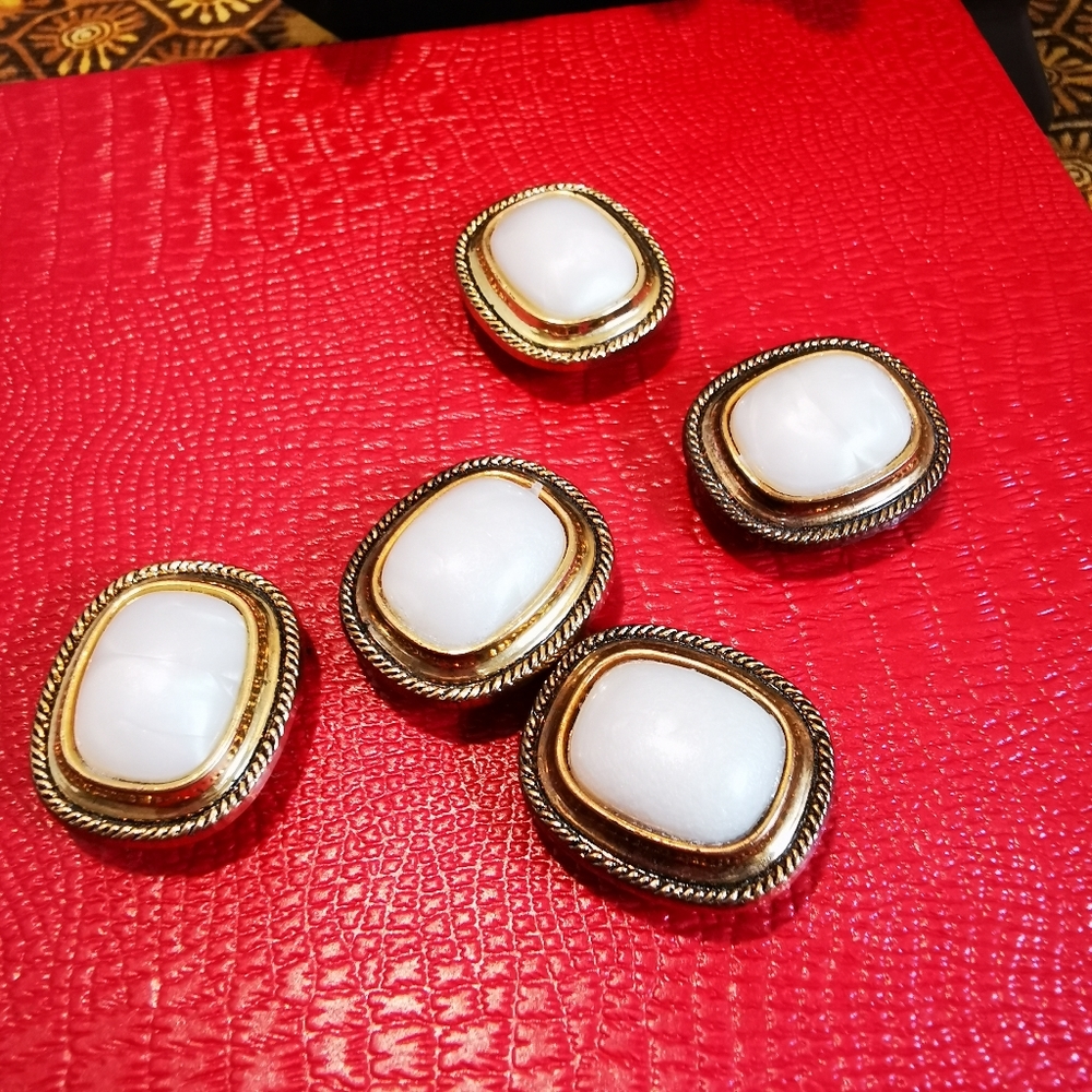 Set of Five Gold Tone and Pearlized Plastic Vintage Button Covers